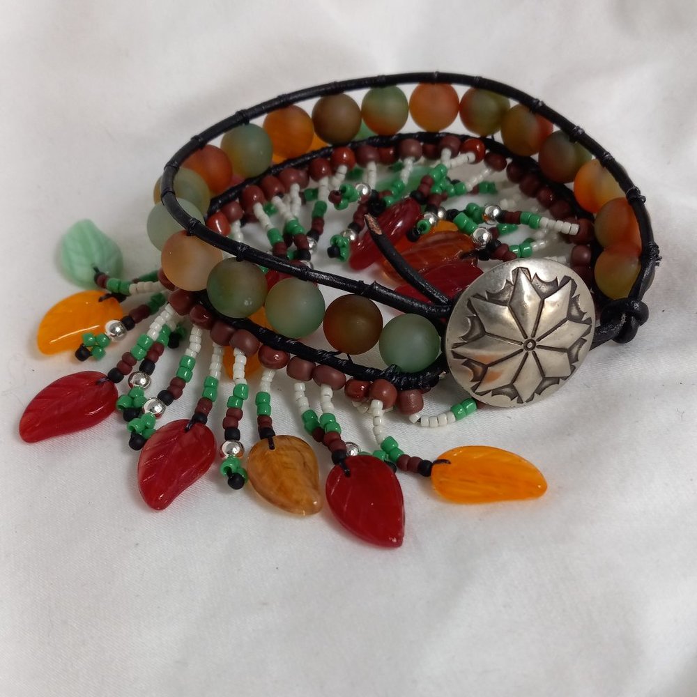 Woven Bracelet with Green and Orange Agate, Leaves on Fringe, Silver Button